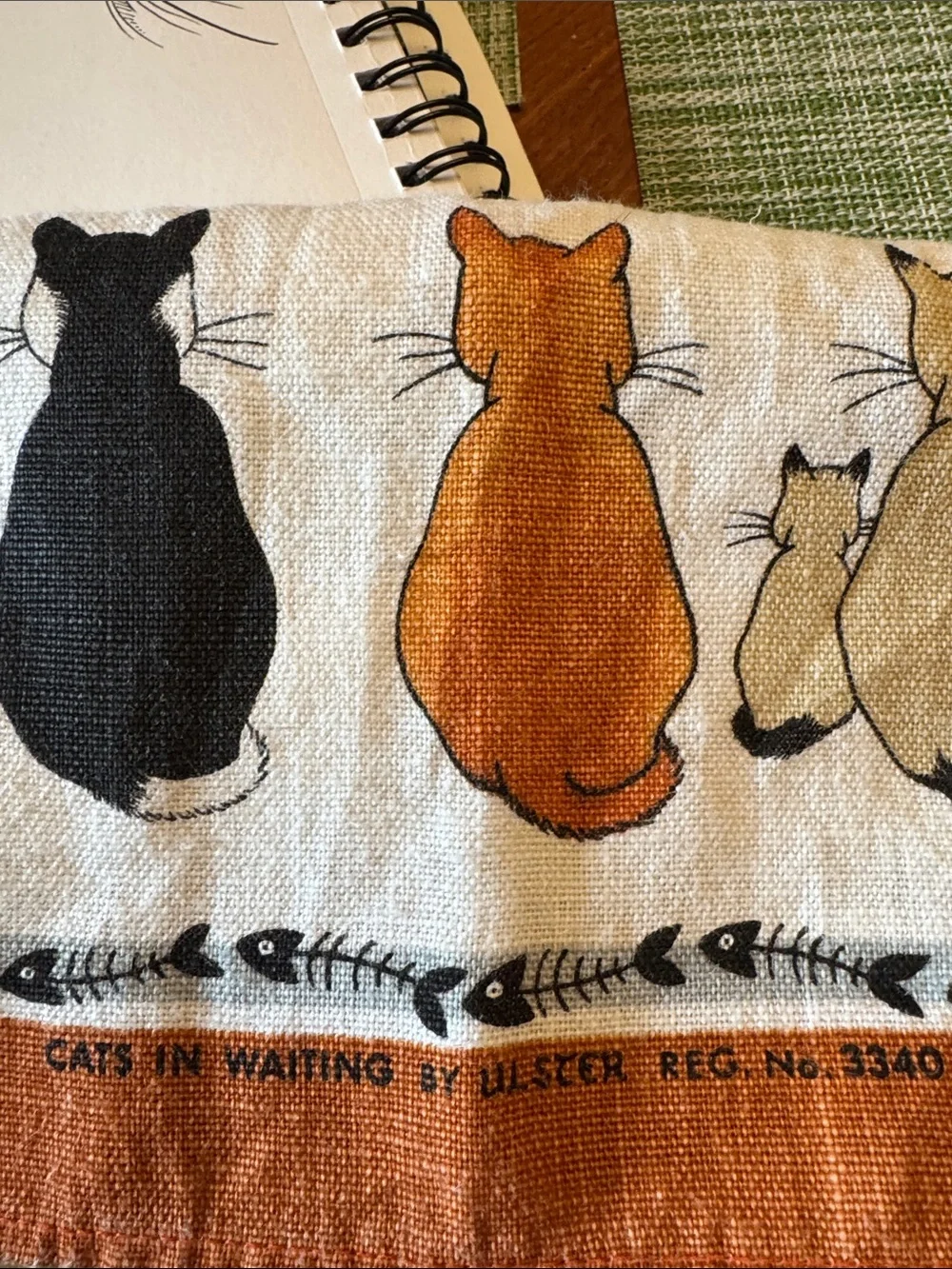 “Cat in Waiting” Irish Linen Tea Towel - Orange Border. 18” x 27”. VGUC